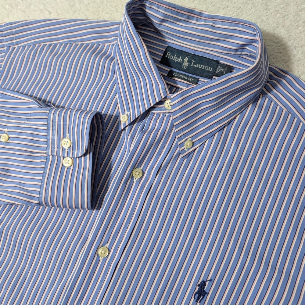 Ralph Lauren Button Down Mens 16 34/35 Blue Striped L/S‎ Classic Fit Pony Logo